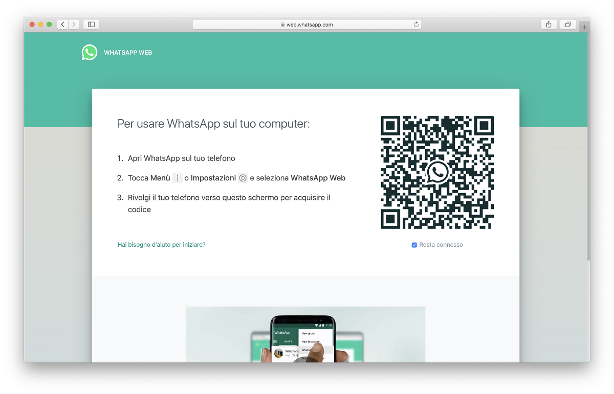Schermata iniziale di WhatsApp Web su Safari