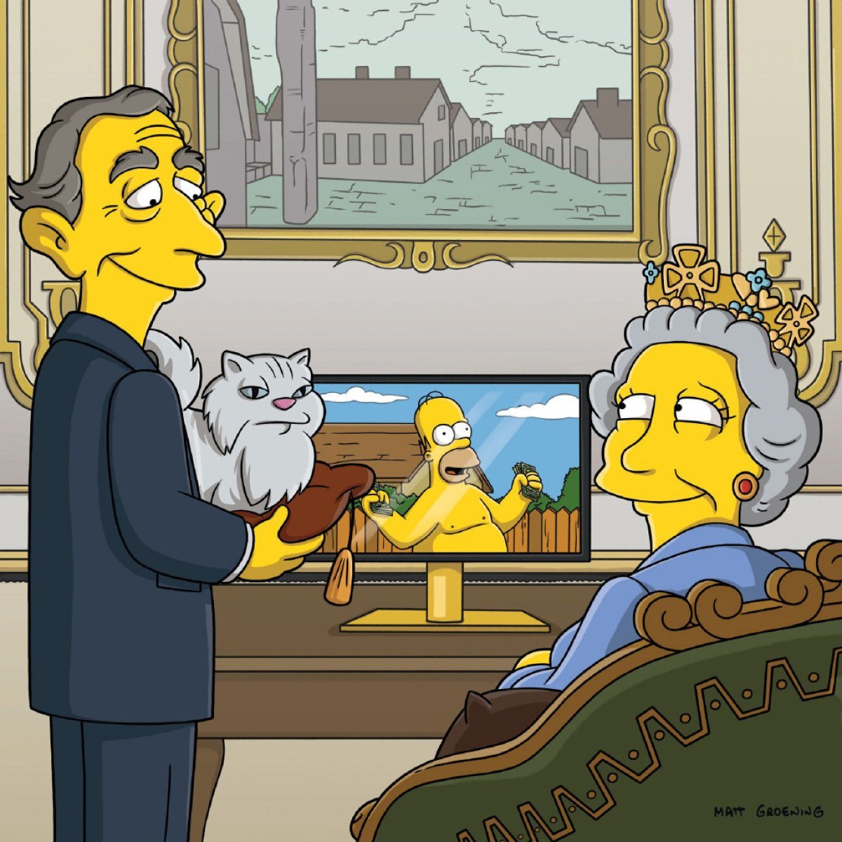 La Regina Elisabetta guarda Homer Simpson in TV
