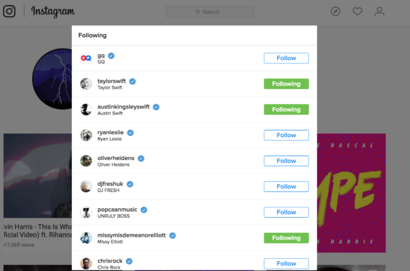 Primo piano del profilo Instagram di Calvin Harris e degli account da lui seguiti