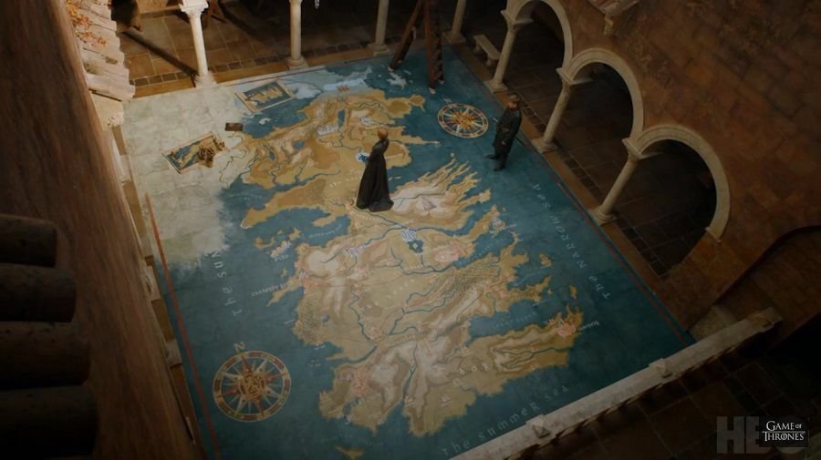 Scena di GoT 7x01 con Cersei e Jaime su una cartina di Westeros