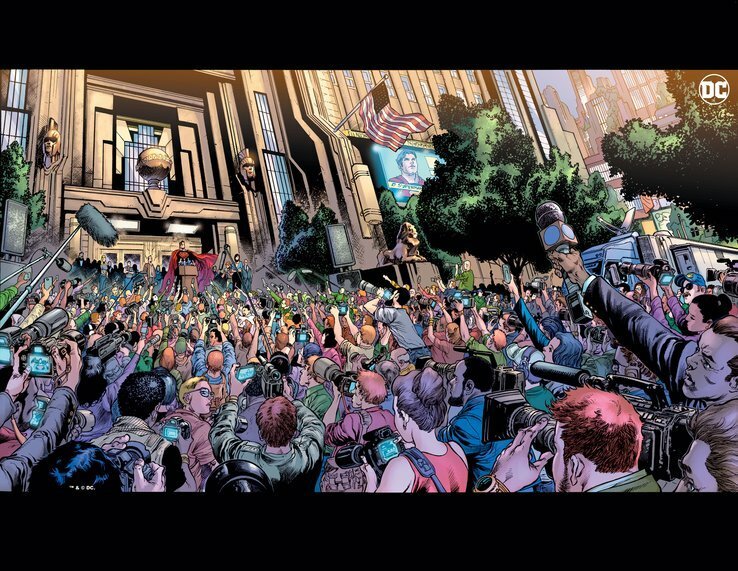 Immagine disegnata di Superman di fronte a una folla di giornalisti