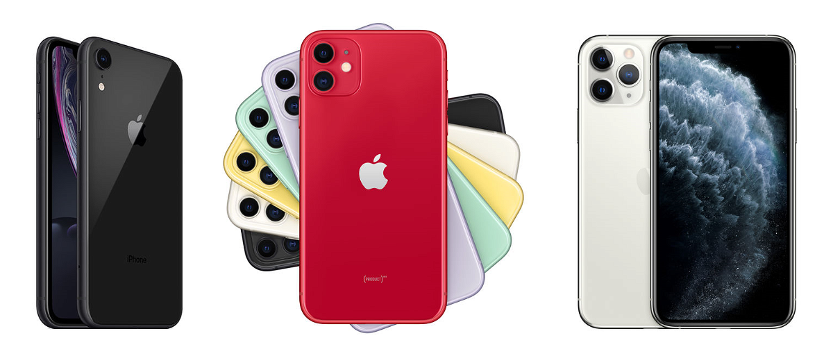Da sinistra verso destra: iPhone XR, iPhone 11 e iPhone 11 Pro