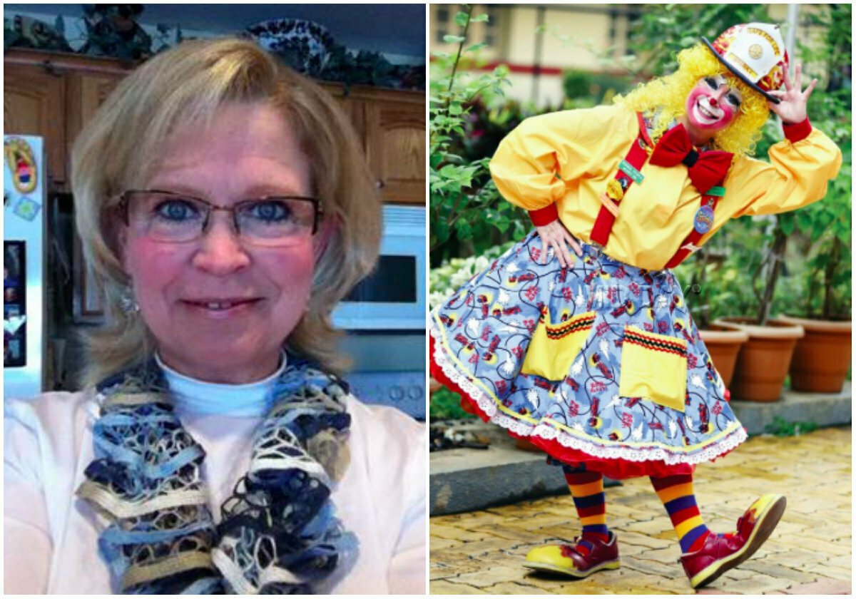 Un primo piano di Pam Moody con accostata una foto di Pam Moody vestita da clown
