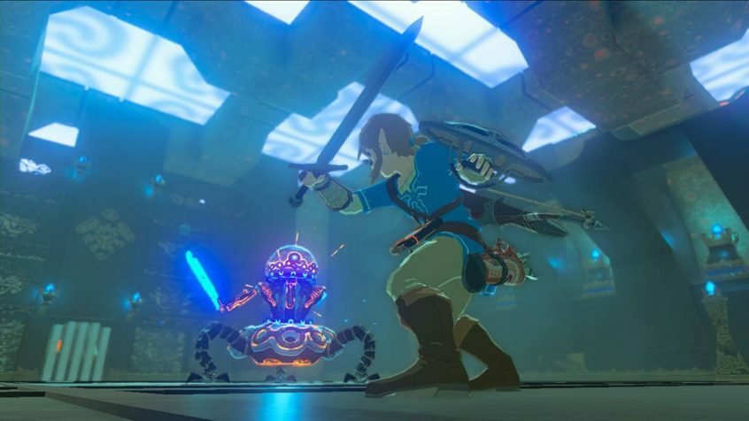 Link in una sequenza di combattimento da The Legend of Zelda: Breath of the Wild