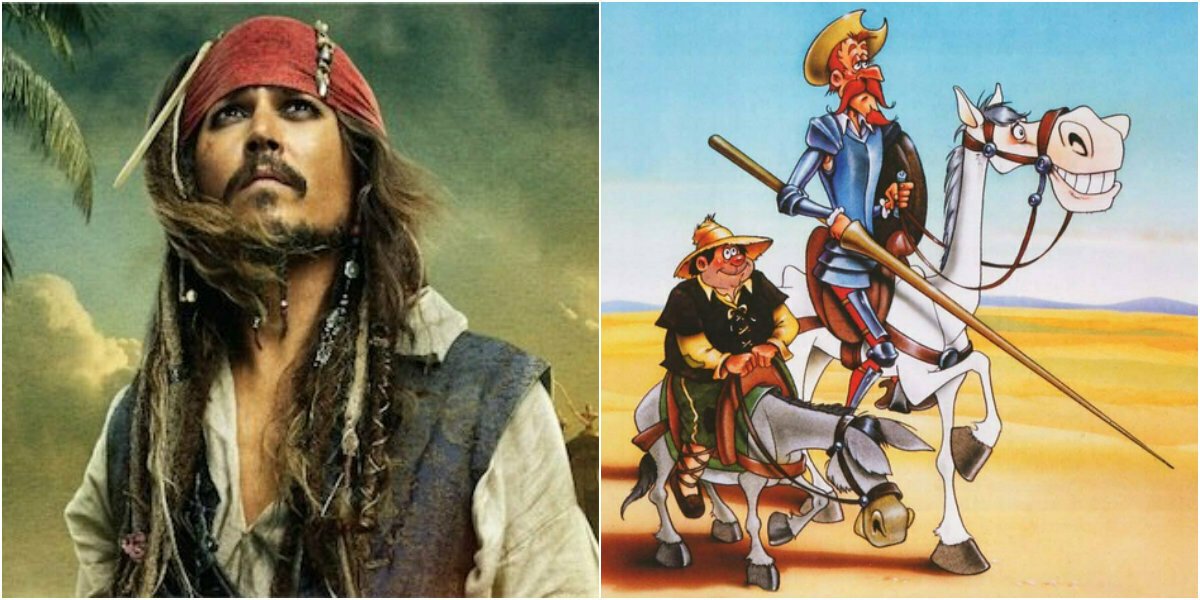 Un primo piano di Jack Sparrow e un'illustrazione di Don Chisciotte