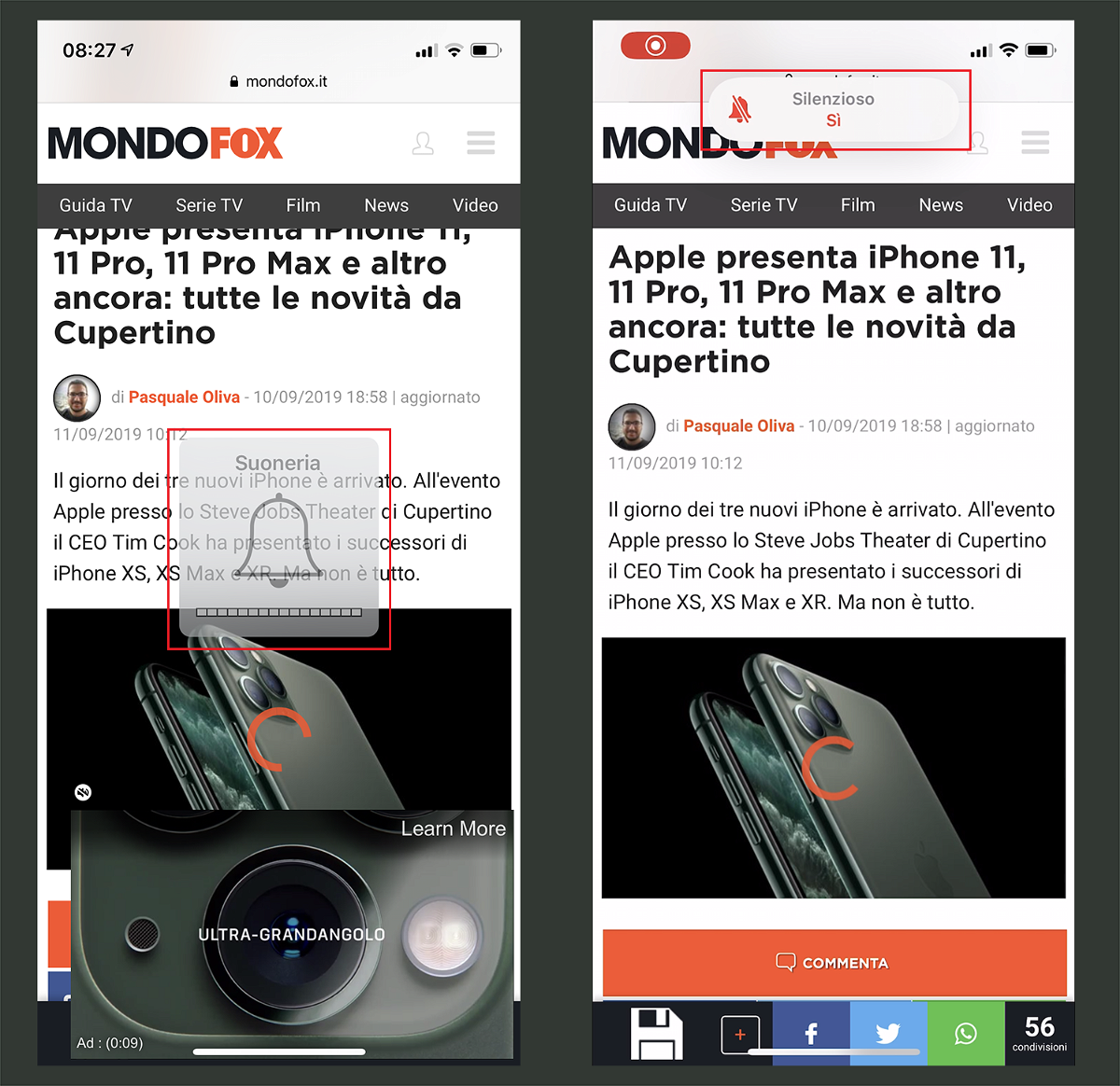 Screen della modalità 'Silenzioso' su iOS 12 (sinistra) e iOS 13 (destra)