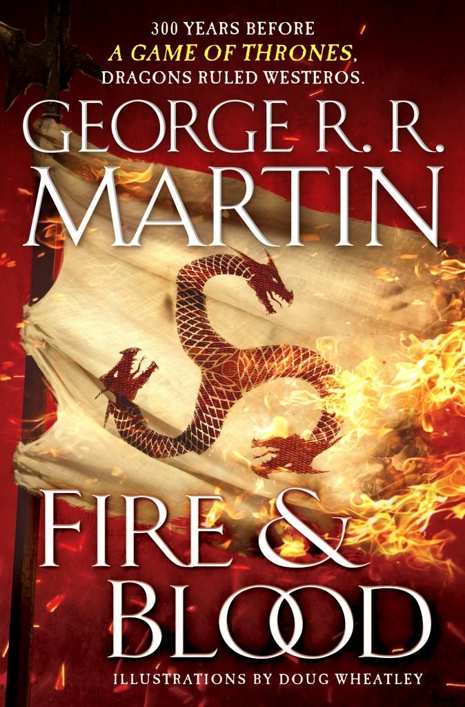 La copertina USA di Fire & Blood con un drago rosso al centro avvolto dalle fiamme