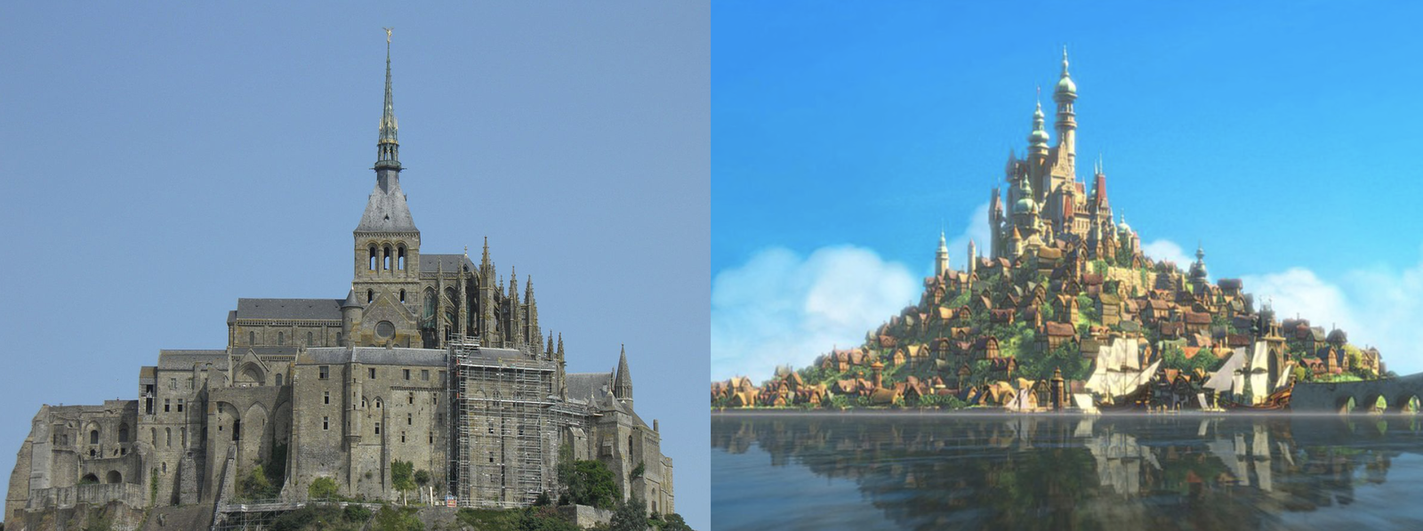 Clicca per vedere l'immagine originale L’Abbazia di Mont Saint-Michel e il castello del film Rapunzel a confronto