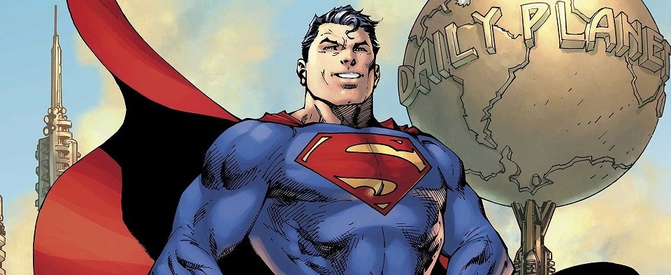 Superman, con il classico vestito, si trova vicino alla sede del Daily Planet