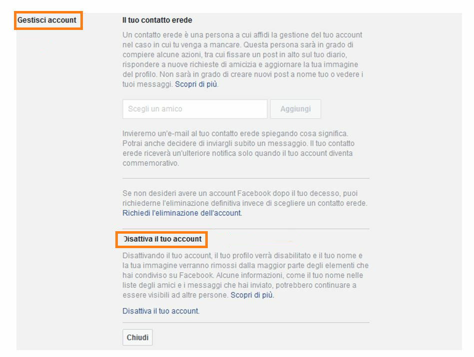 Clicca per vedere l'immagine originale Secondo passaggio per disattivare l'account Facebook