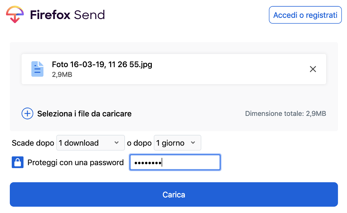 Le impostazioni disponibili per l'utilizzo di Firefox Send