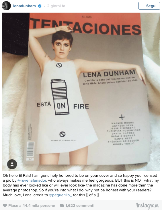 Lo scatto contestato da Lena Dunham su Instagram