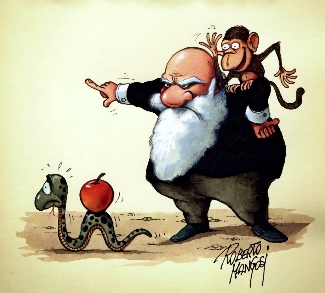 Darwin che scaccia via il serpente in una vignetta di Roberto Mangosi