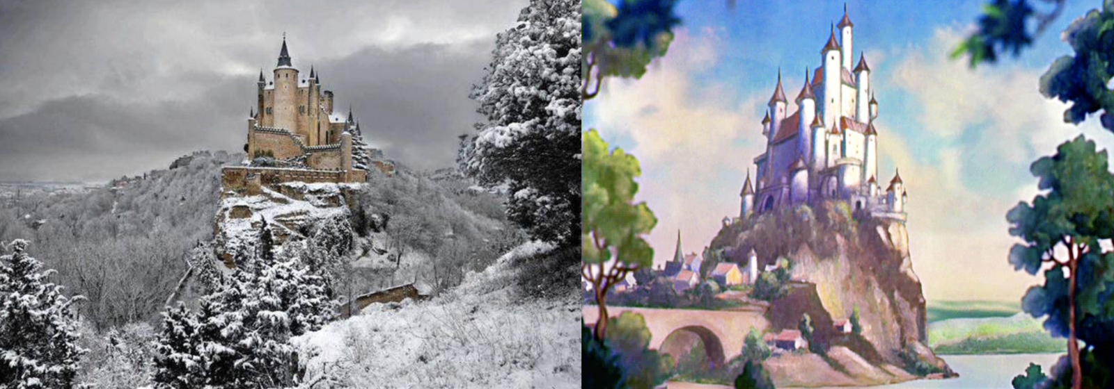 Clicca per vedere l'immagine originale L’Alcázar di Segovia e il castello del film Biancaneve e i sette nani a confronto