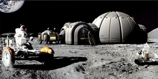 Colonia a forma di igloo con astronauta in tuta spaziale che guida un veicolo, sul suolo della Luna