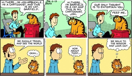Due strisce sequenziali a fumetti nelle quali compare Garfield che dialoga con il padrone
