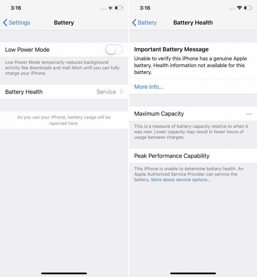 Screen delle impostazioni interne della batteria dei dispositivi iOS