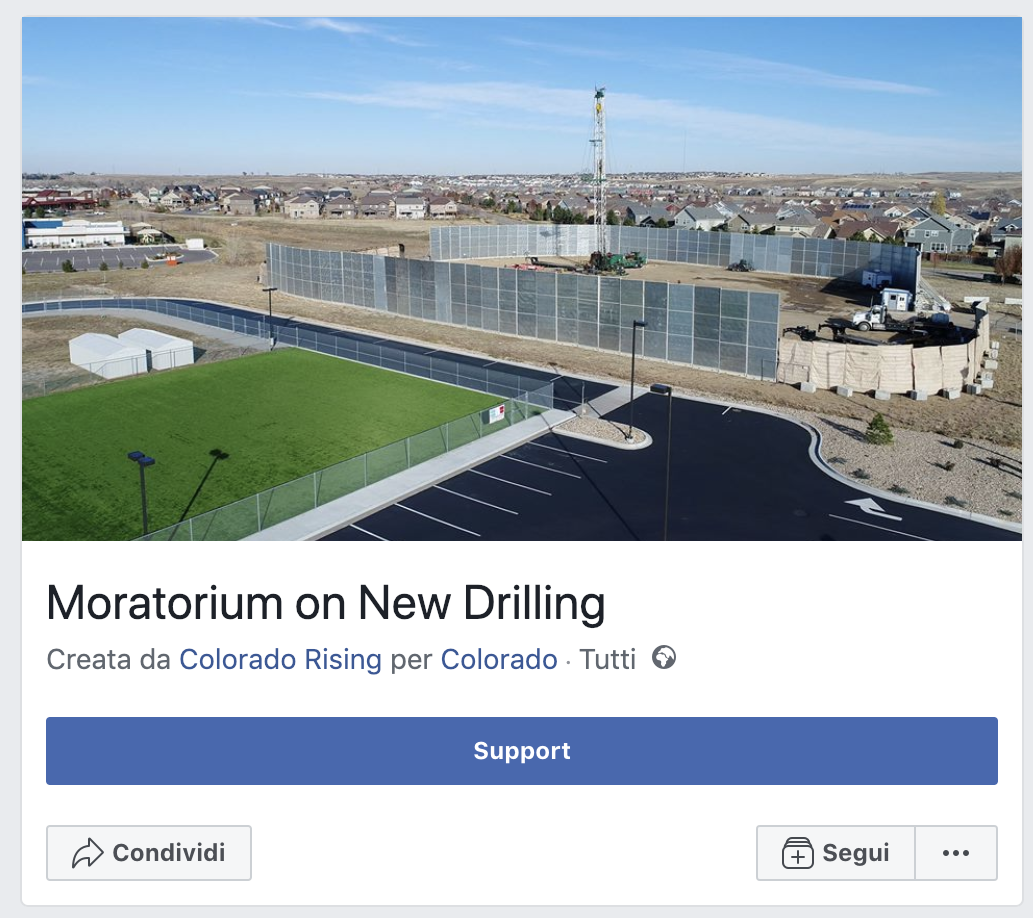 Pagina Facebook per la petizione Moratorium on New Drilling