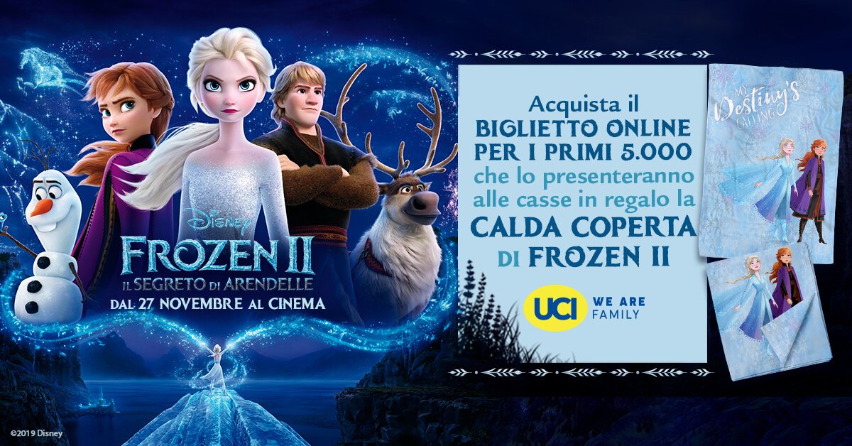 Il poster di Frozen II con la promozione speciale per ricevere in regalo la calda coperta del film