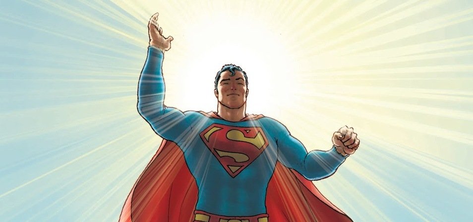 Mezzobusto di Superman disegnato da Frank Quitely, da All-Star Superman, con il sole alle sue spalle