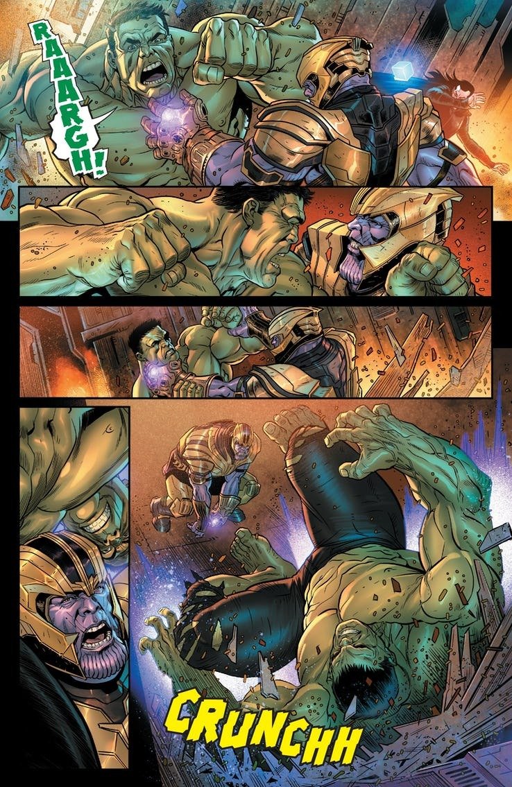 HUlk combatte contro Thanos, che fa uso delle Gemme