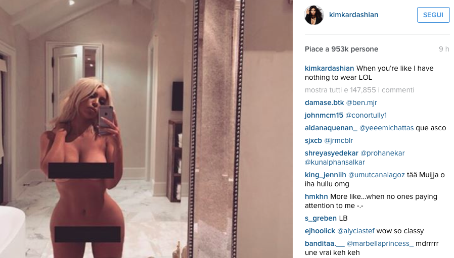Scatto di Kim Kardashian nuda postato su Instagram