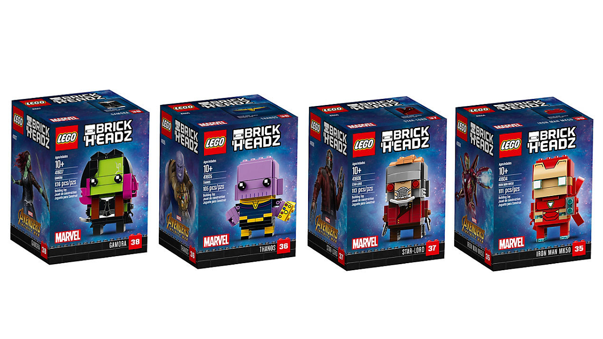 Dettagli dei box dei set LEGO BrickHeadz di Iron Man, Thanos, Star-Lord e Gamora
