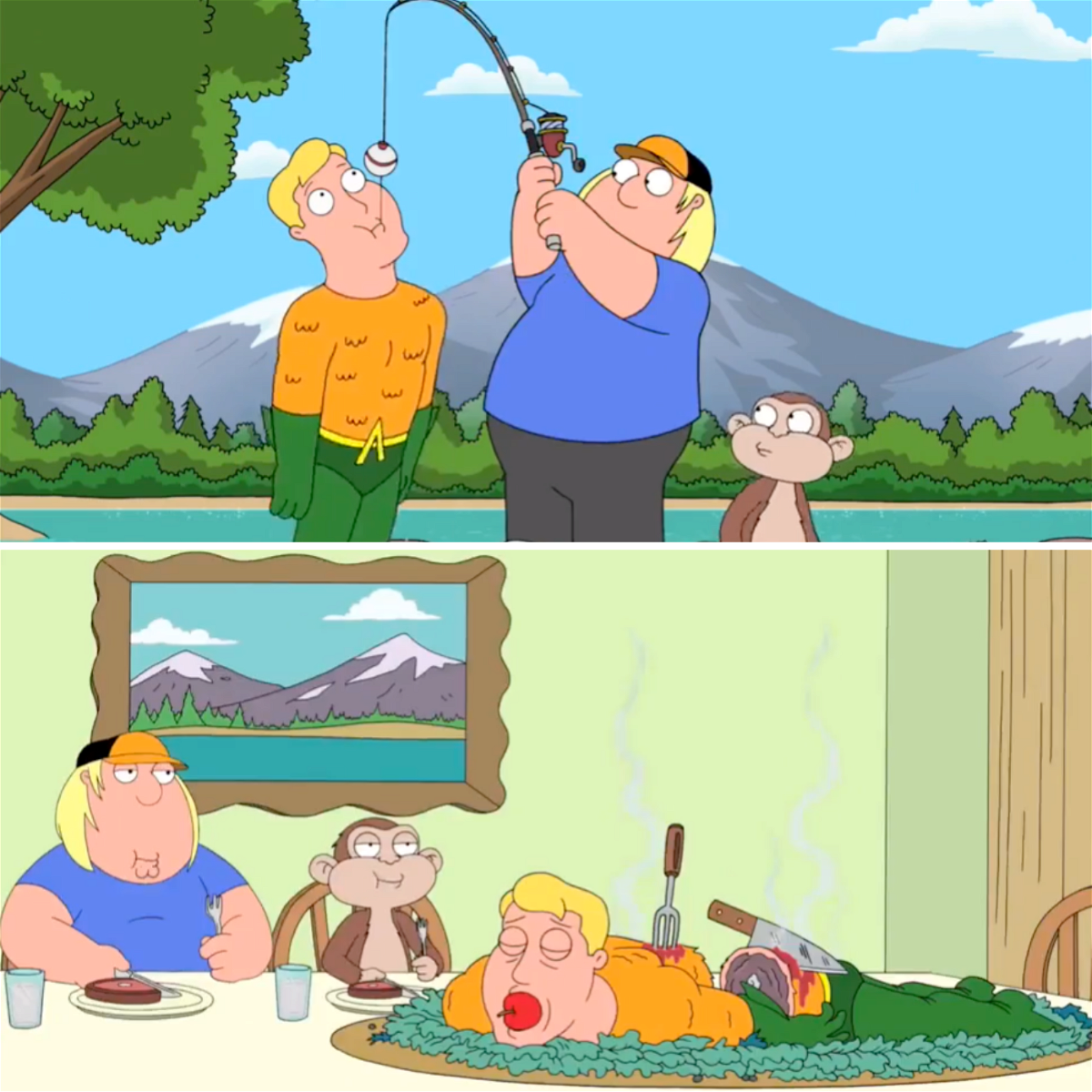 Chris e la sua amica scimmia pescano Aquaman e se lo mangiano