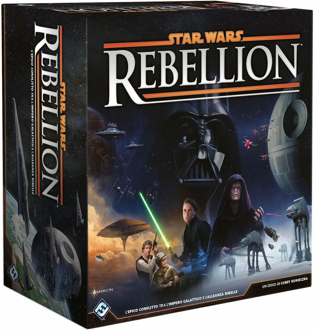 La scatola del gioco Star Wars Rebellion con immagini della trilogia classica