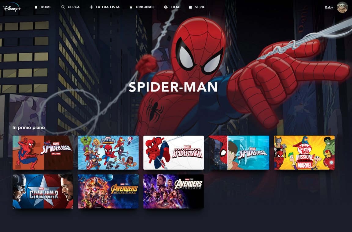 La sezione dedicata a Spider-Man su Disney+ Italia