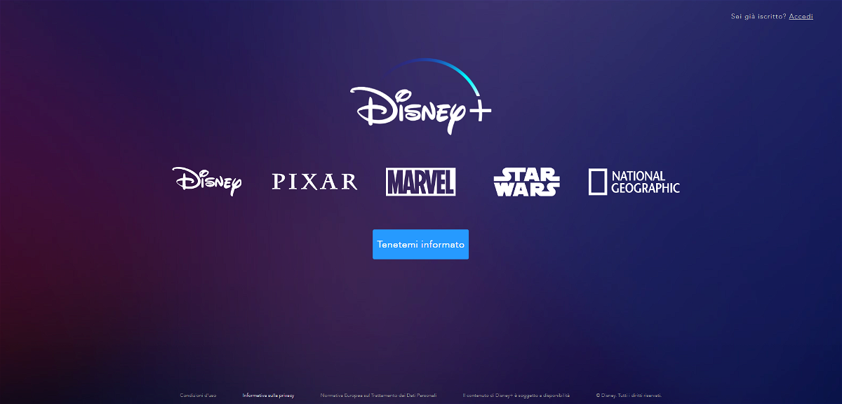 Screen della Home del sito in versione italiana di Disney+