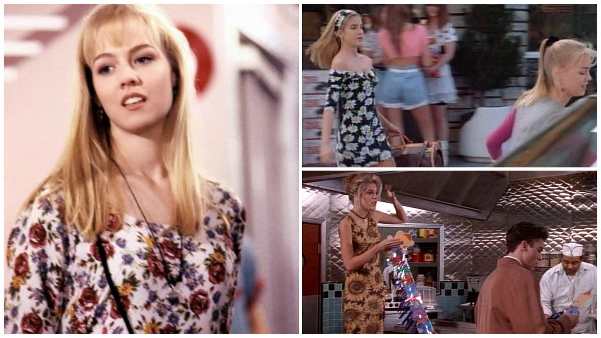 Kelly con un abito a fiori e Donna con degli abiti con girasoli in Beverly Hills 90210