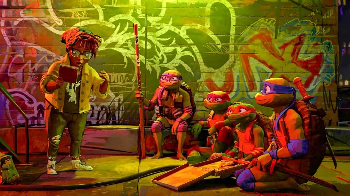 April, Michelangelo, Donatello, Raffaello e Leonardo in una scena del film Tartarughe Ninja - Caos Mutante.