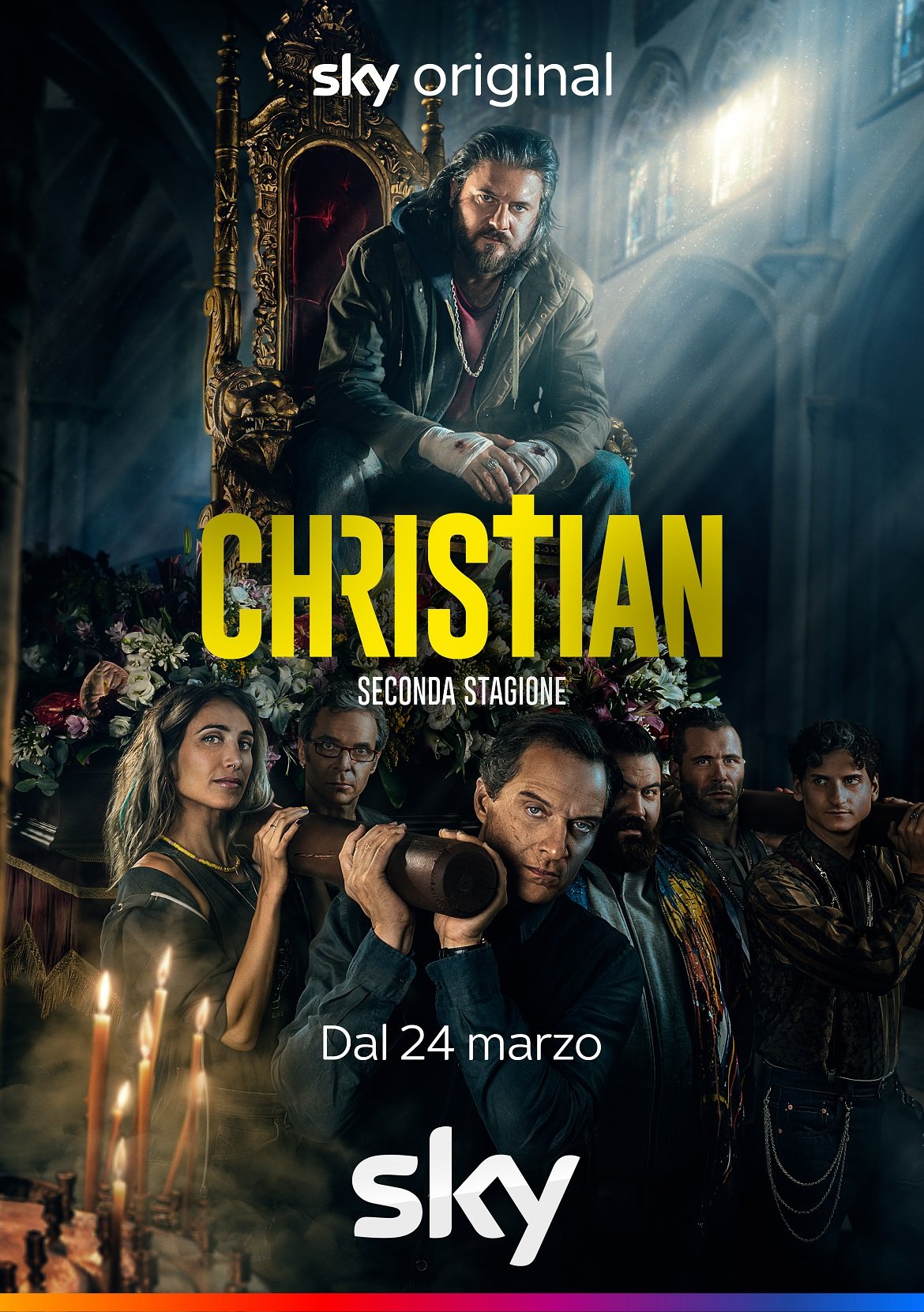 Il poster di Christian stagione 2 con Christian su una sedia portata a spalla da Matteo e altri coprotagonisti