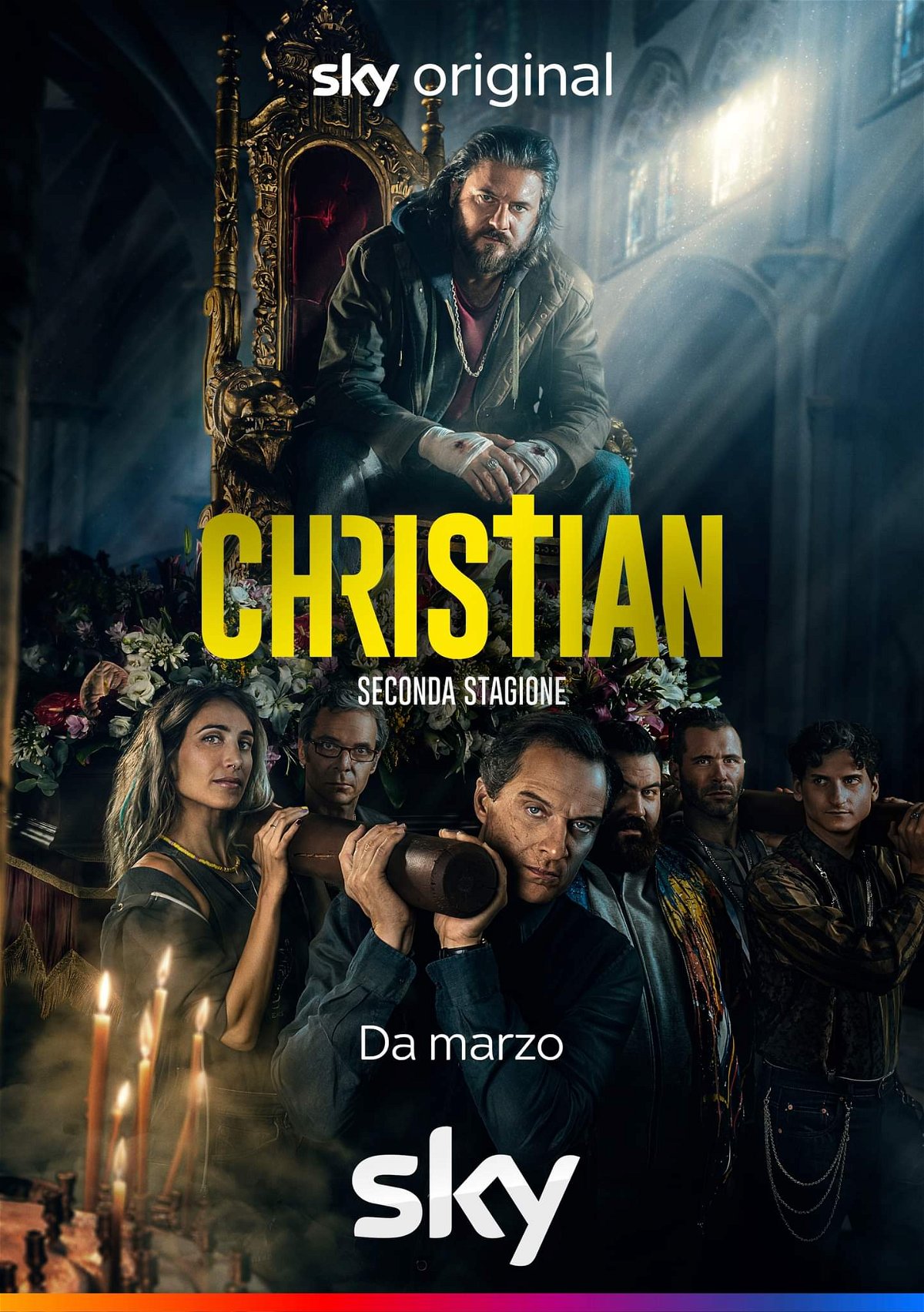 Christian 2 poster ufficiale | Il protagonista seduto sul trono sorretto dagli altri personaggi