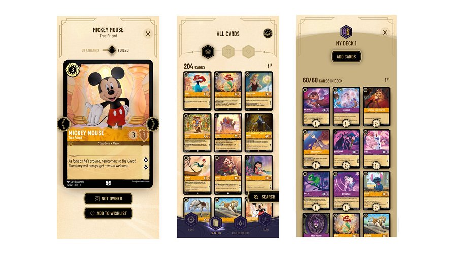 Alcune schermate dell'app Companion di Disney Lorcana