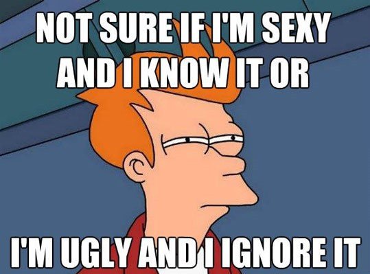 Futurama - Meme di Fry con la frase "not sure if i'm sexy and i know it or i'm ugly and i ignore it