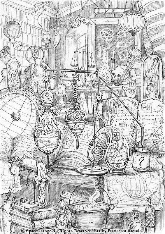 Immagine interna del librogame Il Cavaliere della Porta, il laboratorio di Maugrigio