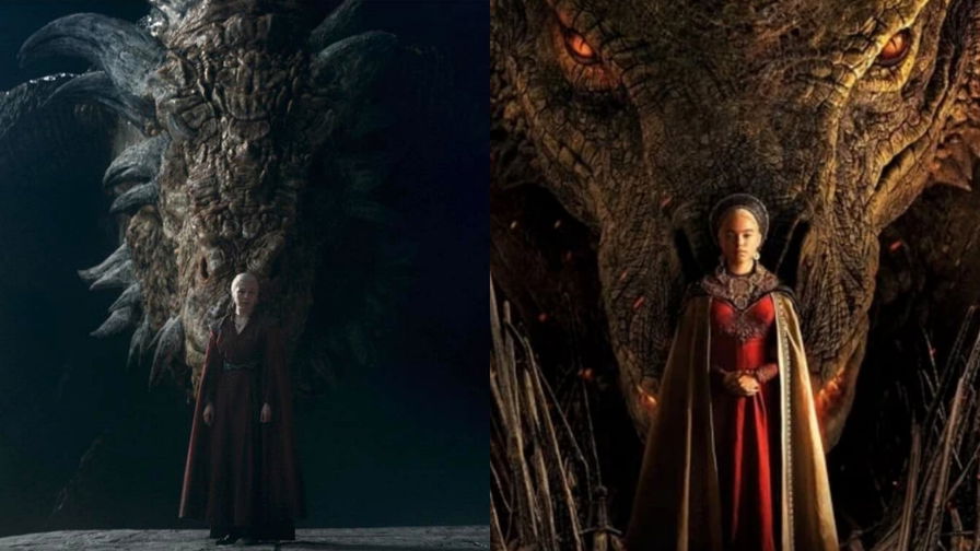 House of the Dragon Stagione: due diverse immagini di Rhaenyra con alle spalle un drago