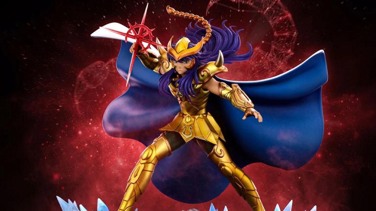 Immagine di Milo Scorpio, la Cuspide Scarlatta prende vita nella statua di Iron Studios
