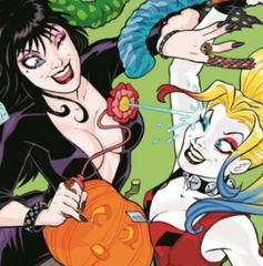 Copertina di Harley Quinn e l'icona horror Elvira si incontrano in una serie a fumetti