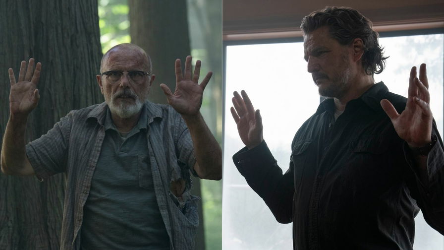 The Last of Us - Eugene e Joel a confronto con le mani alzate