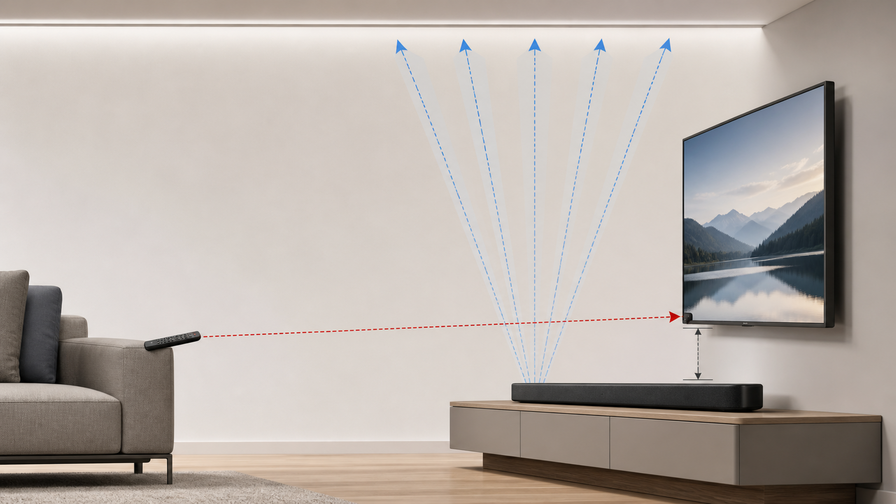 Vista laterale: il segnale del telecomando deve raggiungere il sensore, mentre i diffusori superiori devono avere il soffitto libero.