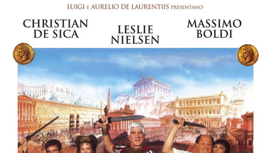 Christian De Sica, Leslie Nielsen e Massimo Boldi in abiti romani sulla locandina del film