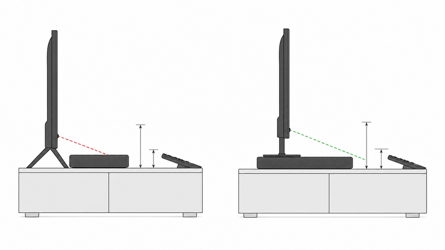 Conta il percorso dalla mano al sensore: alzare il TV deve liberarlo dalla soundbar. L’altezza necessaria dipende dalla disposizione reale, non da una misura universale.