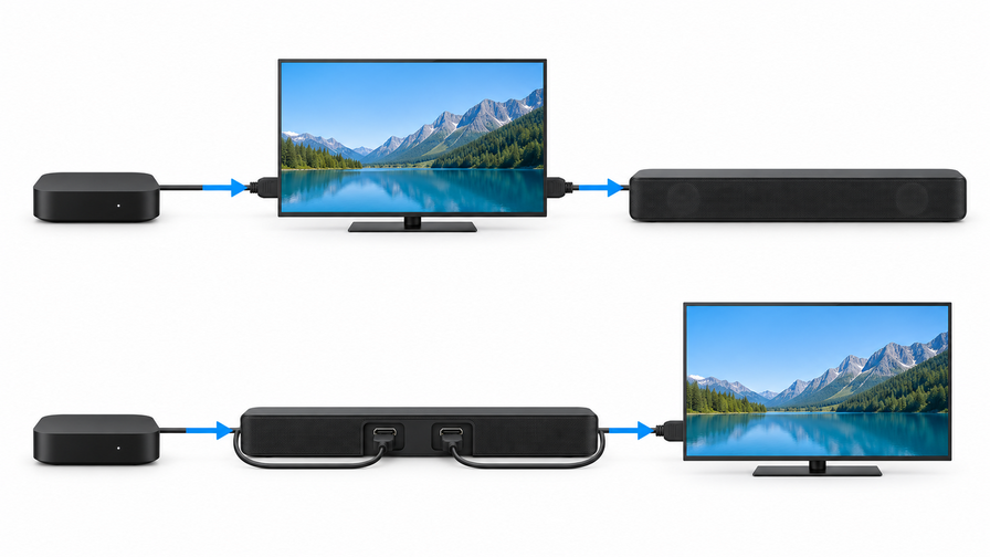 In alto la sorgente passa dal TV, che restituisce l’audio alla soundbar via ARC/eARC. In basso la sorgente entra prima nella soundbar, che inoltra il video al TV: servono HDMI IN e un’uscita video com