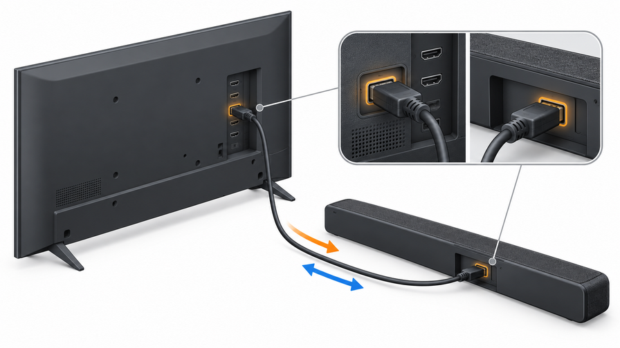 Un solo cavo HDMI collega le porte corrette: la freccia arancione rappresenta l’audio verso la soundbar, quella blu la comunicazione di controllo CEC.