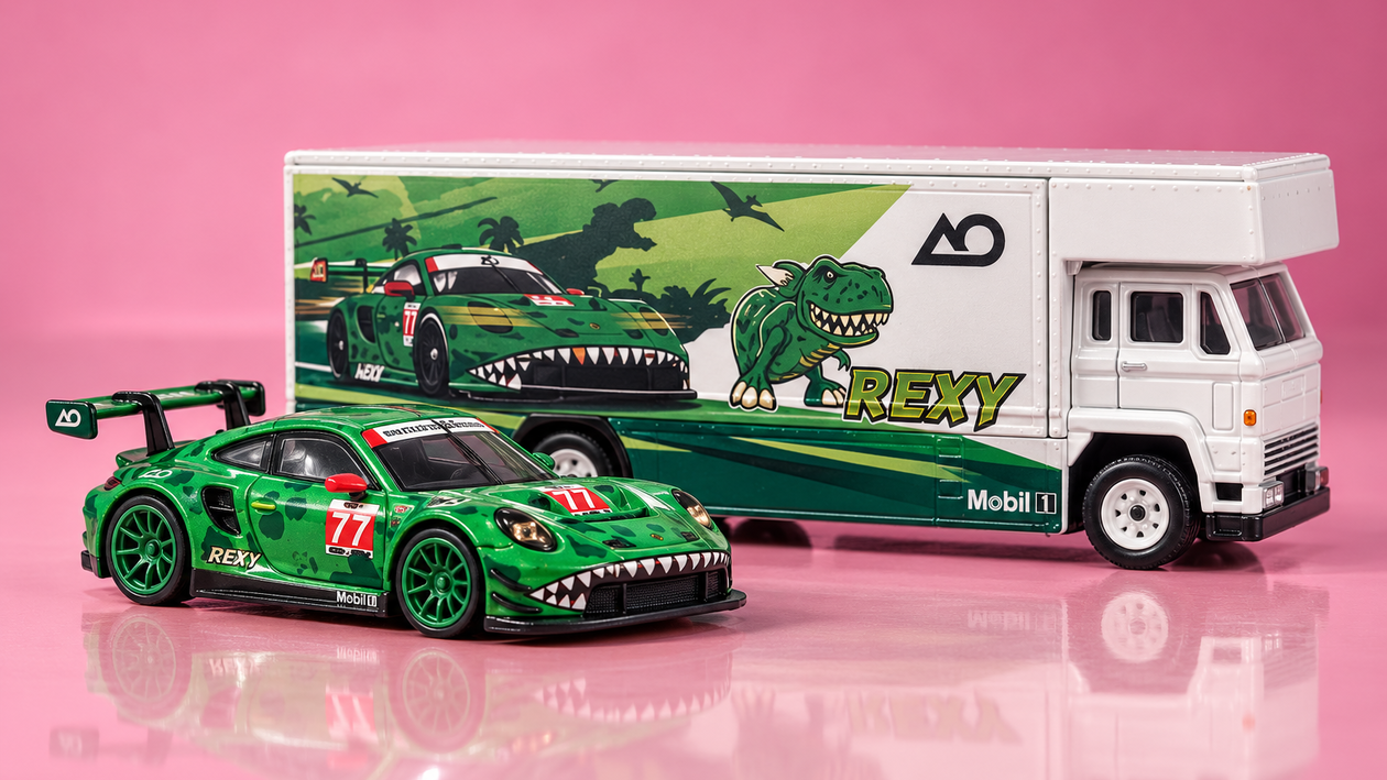 Immagine di Hot Wheels Premium Rexy con transporter, due pezzi da vetrina a 103,66€