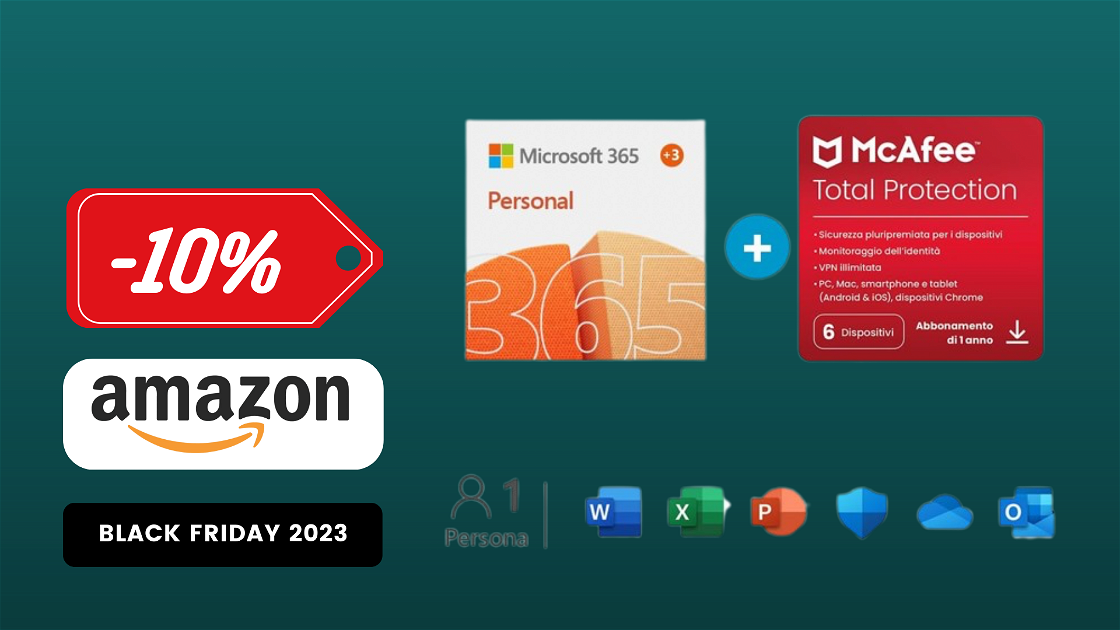 Copertina di Microsoft 365 Personal + McAfee Total a meno di 48€ su Amazon